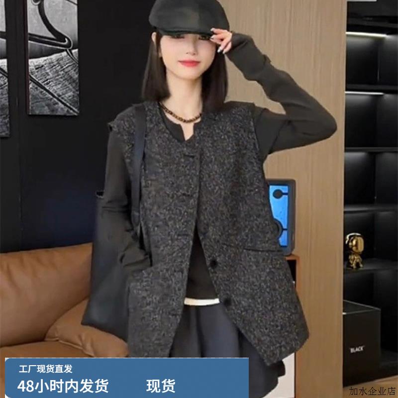花灰色小香风马甲坎肩女春秋欧货宽松显瘦百搭叠穿中长款马夹上衣