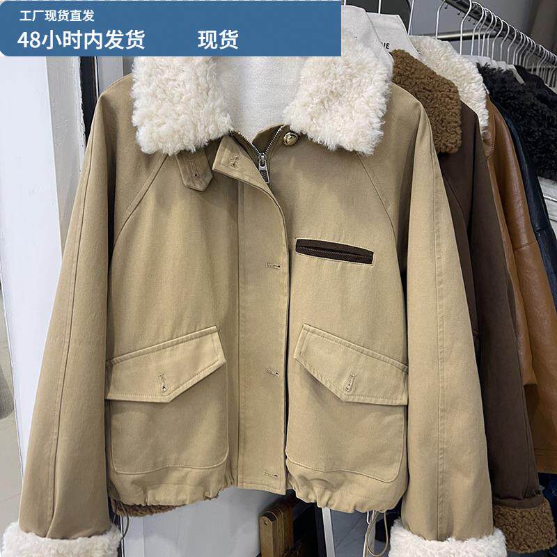 2025新女秋冬时尚短款派克外套女宽松显瘦上衣羽绒内胆羊羔毛领子