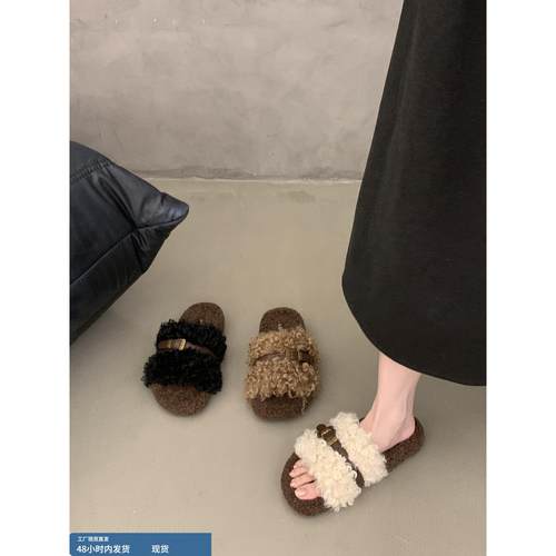 厚底羊卷毛棉拖鞋女外穿2025秋冬新款巨好看韩版网红加绒毛毛拖鞋
