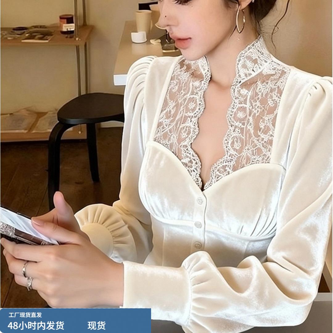 白色丝绒衬衫2025冬季独特漂亮高级感轻奢气质名媛收腰内搭上衣女