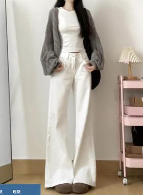 超火微喇牛仔裤女秋冬季2025新款初中高中学生窄版直筒白色阔腿裤