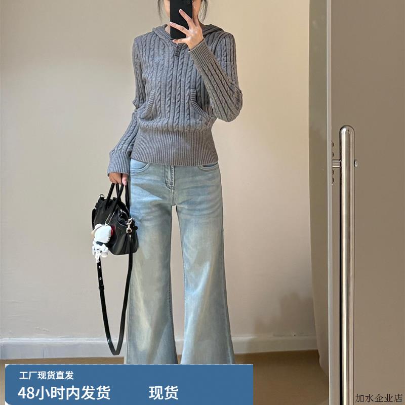 灰色连帽麻花毛衣女2025新款早春秋季高级感慵懒风修身针织衫上衣