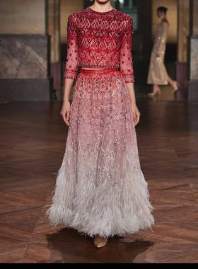 Georges Hobeika 红色渐变钉珠羽毛两件套七分袖生日订婚小礼服