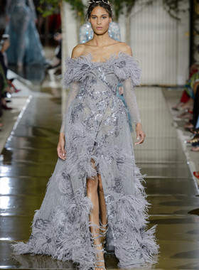 15年老店Zuhair Murad一字肩灰紫色长袖羽毛晚礼服新娘婚礼敬酒服