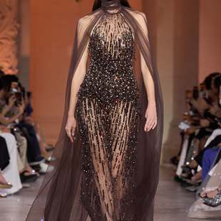 Zuhair Murad 美式复古棕色高领披肩袖性感飘逸年会生日晚礼服