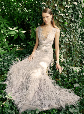 marchesa 烟灰色修身钉珠羽毛约会年会生日派对晚礼服婚礼迎宾服