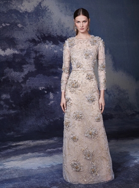 marchesa 灰色优雅收腰长袖花朵刺绣钉珠年会晚礼服婚宴妈妈装
