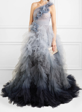 marchesa 蓝色渐变单肩花朵时尚宴会派对生日年会晚礼服敬酒服
