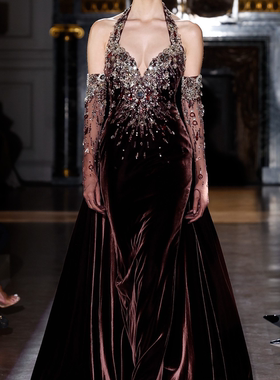 Zuhair Murad 紫色丝绒挂脖长手套钉珠修身显瘦晚礼服结婚敬酒服