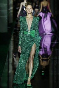 15年老店 主持唱歌年会晚礼服敬酒服 墨绿色森系V领露背开叉长袖