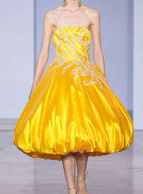 Georges Hobeika 黄色抹胸灯笼裙公主生日派对晚宴名媛约会小礼服