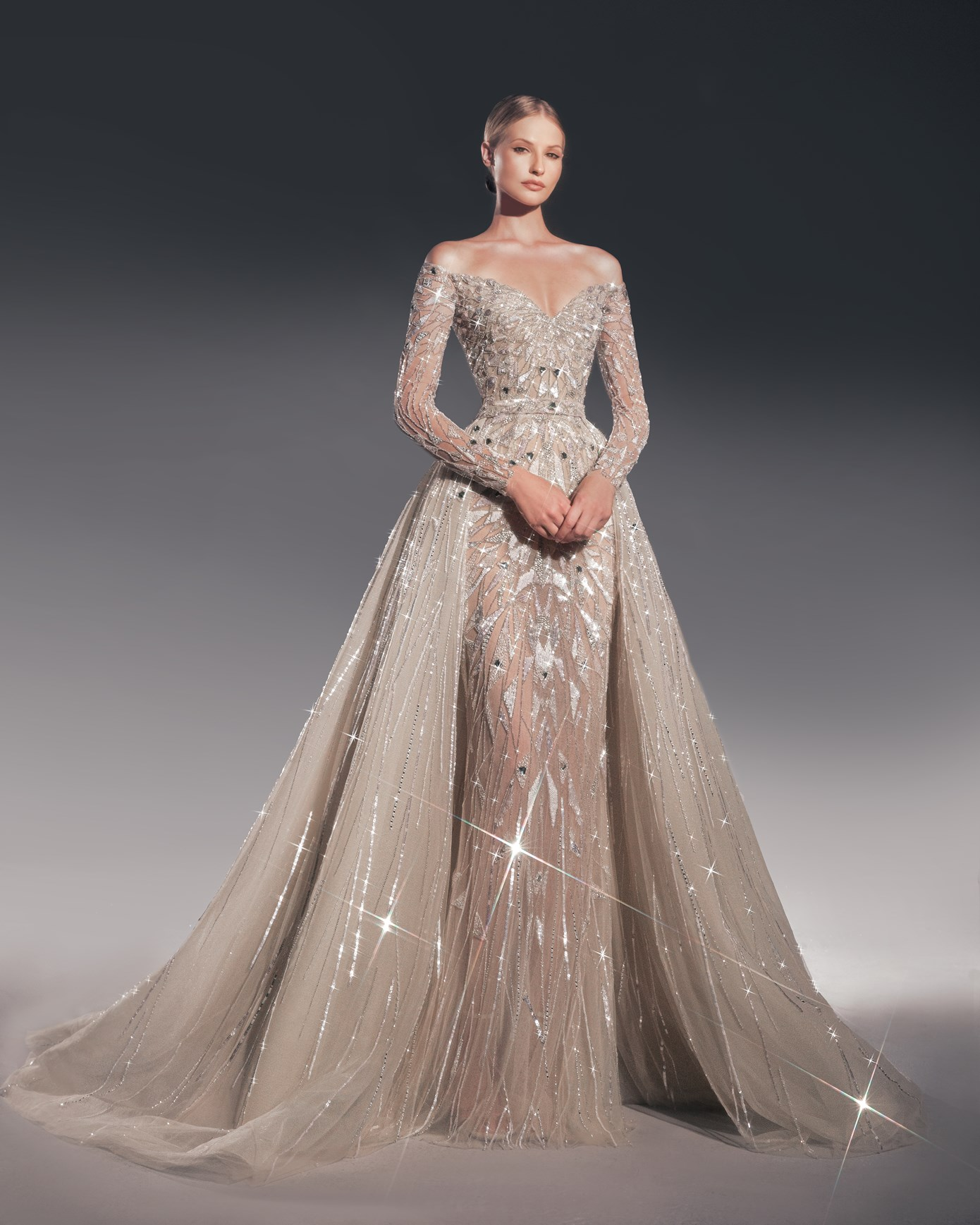 Zuhair Murad2025年一字肩长袖可拆卸两件套奢华珠片新娘婚礼婚纱