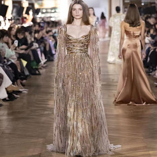 Georges Hobeika 复古棕色披风奢华钉珠盖茨比风年会演出晚礼服