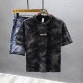 T恤个性 美式 百搭上衣 男装 潮牌设计感破洞水墨画圆领短袖 夏季 新款