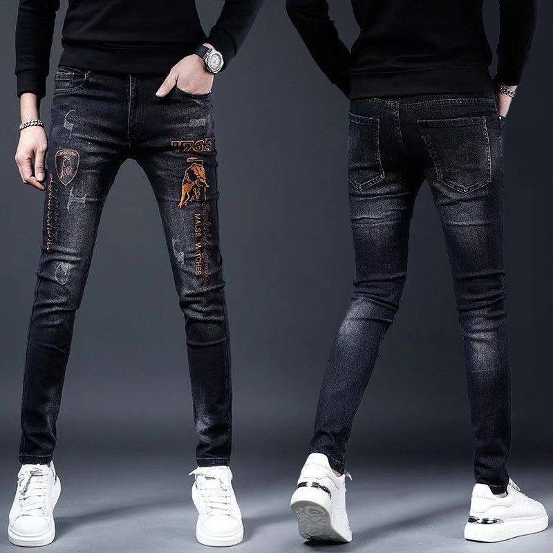 秋季美式重磅刺绣牛仔裤男潮牌弹力小脚裤潮流个性显瘦修身长裤子,男装,牛仔裤,淘宝优惠券,粉丝福利购,淘宝优惠卷