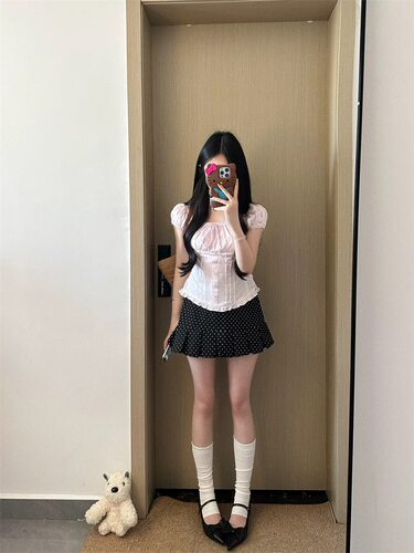 丹丹吃不饱 芭蕾少女  泡泡袖衬衫女蝴蝶结粉色上衣+波点半裙