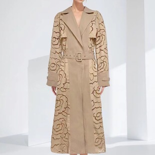 长袖 新款 欧美外贸复古风V领腰带收腰镂空风衣外套女2023秋季