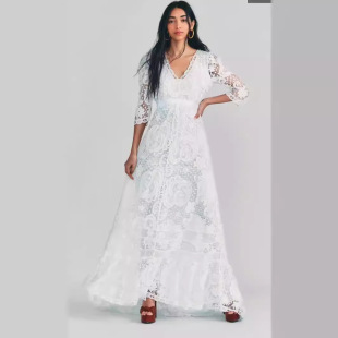 连衣裙女涤纶广州 刺绣绣花镂空长款 欧美外贸2024春季 V领长袖