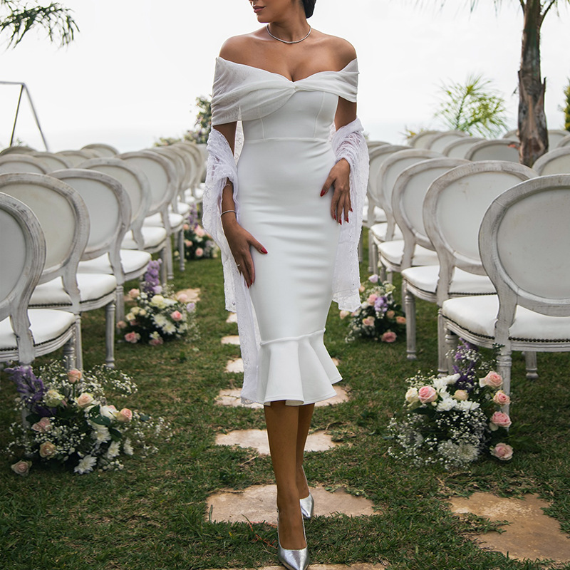 新款 法式婚纱敬酒服一字领网纱拼接款鱼尾裙2025秋季连衣裙女