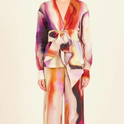 欧美风外贸2023丝缎印花时尚修身显瘦上衣+休闲长裤套装时尚套装