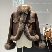 外套机车白鹅绒麂皮绒 狐狸毛皮草短款 焦糖奶茶 2025秋冬新款