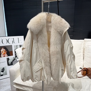 温暖对白 进口狐狸皮草毛领外套女中长款廓形90白鹅绒羽绒派克服