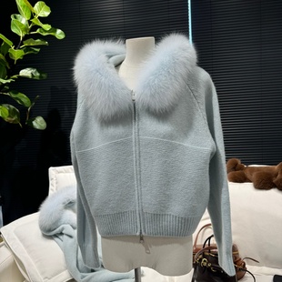 「糯唧唧华夫格」100%狐狸毛可拆卸毛领针织开衫皮草