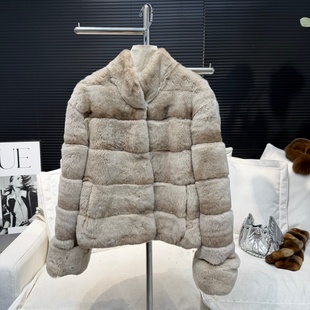 「The Met」贵感定染翻袖+立领奶昔白獭兔皮草毛毛外套女