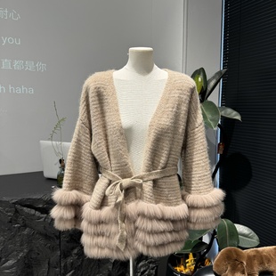 上衣外套 温柔气质狐狸毛拼接v领系带针织开衫 慵懒迷人