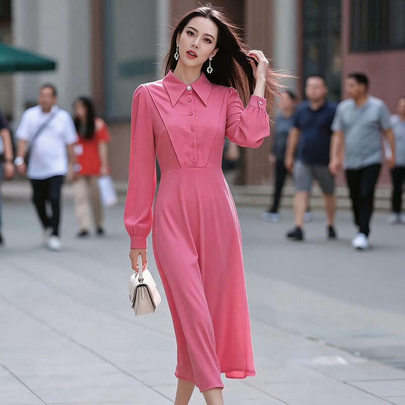 百丝BCVOGA精致浪漫长袖连衣裙秋季新品多巴胺翻领收腰长裙女图片