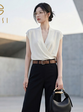 2026夏季新品百丝通勤V领针织衫宽松慵懒气质小飞袖交叉上衣女