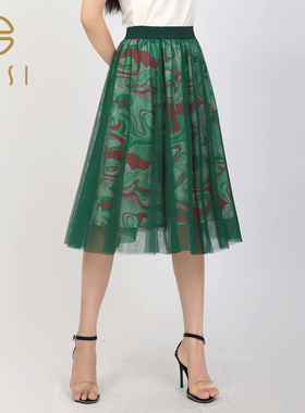 百丝BCVOGA复古风情网纱蓬蓬裙2024秋季新品艺术抽象百褶半身裙女