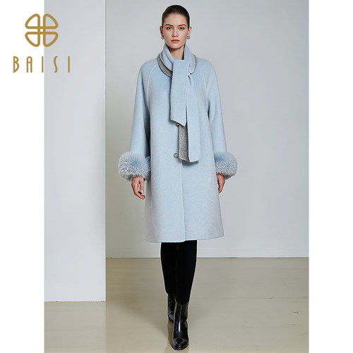 2025冬季新品百丝可拆袖口双面毛呢外套气质围巾领中长款大衣女