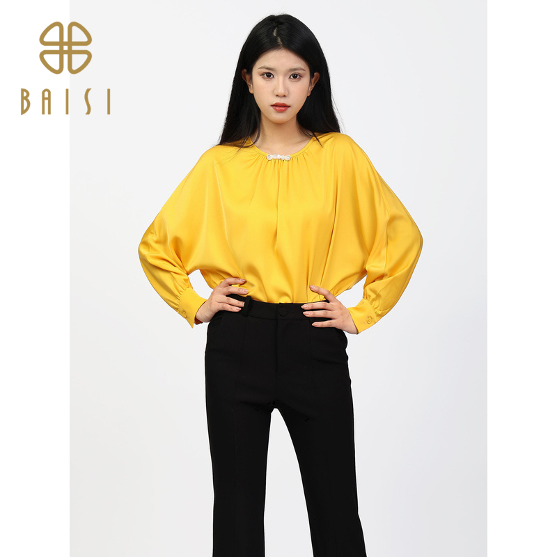 百丝BCVOGA时尚简约长袖T恤2024秋季新品黑色宽松流行遮肉上衣女