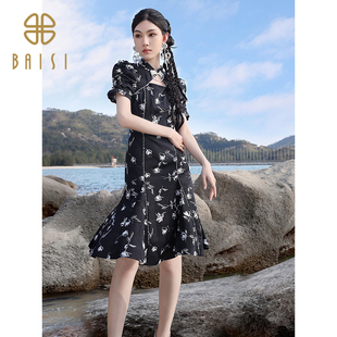 2025夏季新品百丝新中式白玫瑰旗袍连衣裙复古镂空收腰A字裙女