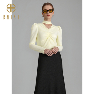 显瘦简约优雅V领长袖 2025秋季 气质修身 百丝名媛针织衫 上衣女 新品