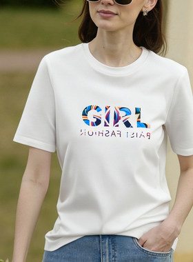 百丝圆领简约字母T恤2025夏季新品通勤日常套头流行短袖上衣女