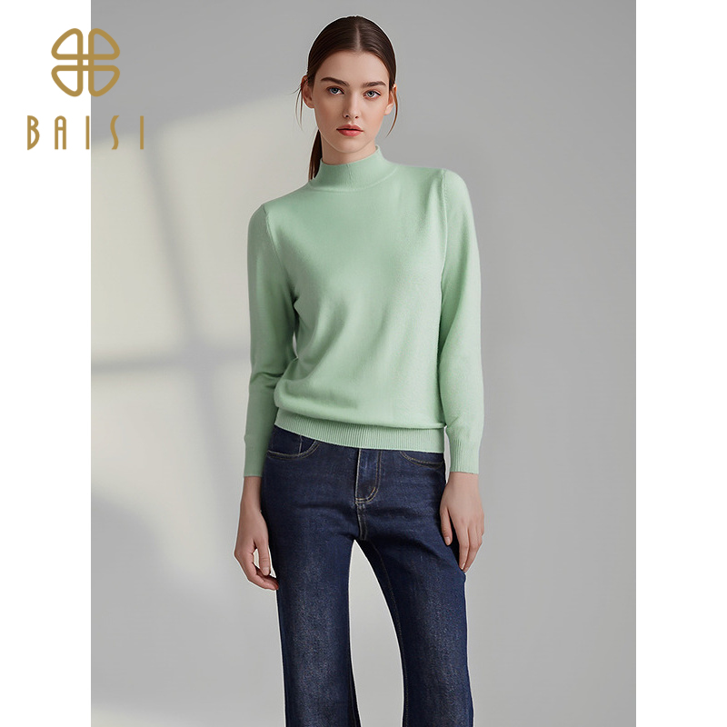 2025冬季新品百丝纯色气质修身长袖打底衫上衣半高领百搭针织衫女