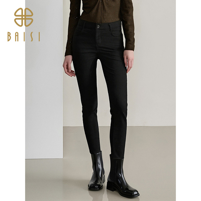 2025冬季新品百丝高腰显瘦长裤通勤穿搭流行提臀休闲水洗牛仔裤女