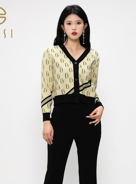 百丝BCVOGA小香风撞色V领针织衫2024秋季新品甜系减龄图案外套女