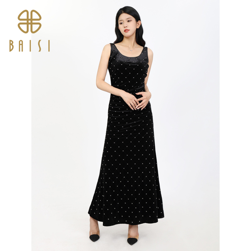 百丝BCVOGA赫本风U领无袖长裙2024夏季新品时髦褶皱背心连衣裙女