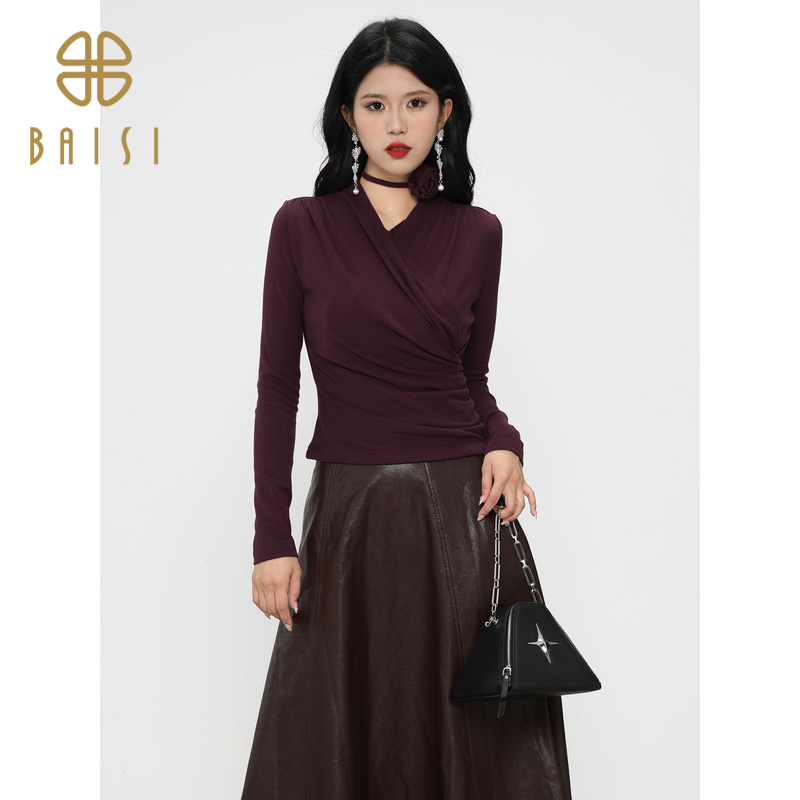 百丝BCVOGA不规则交叉V领衫2024秋季新品收腰长袖打底衫上衣女