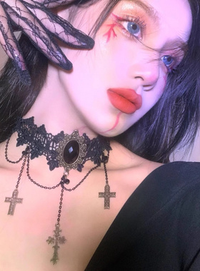 哥特风暗黑洛丽塔蕾丝十字架锁骨链choker颈带万圣节朋克项圈女酷