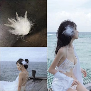 白天鹅羽毛头饰发夹白色夹子发卡森系仙女发饰女汉服毛绒配饰边夹