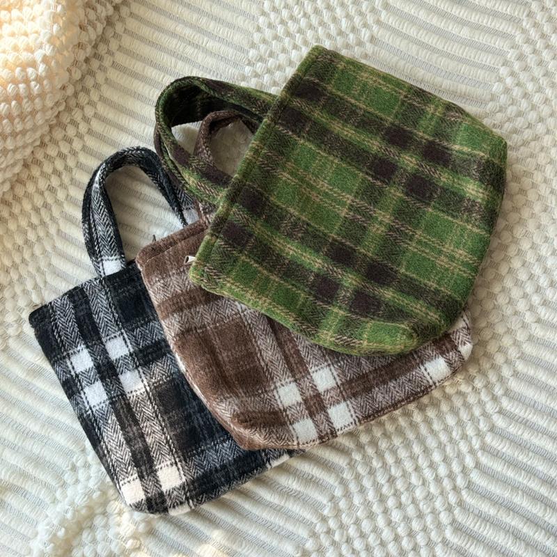 秋冬新款经典绿格子复古手提包包毛呢格纹百搭通勤小手拎包袋