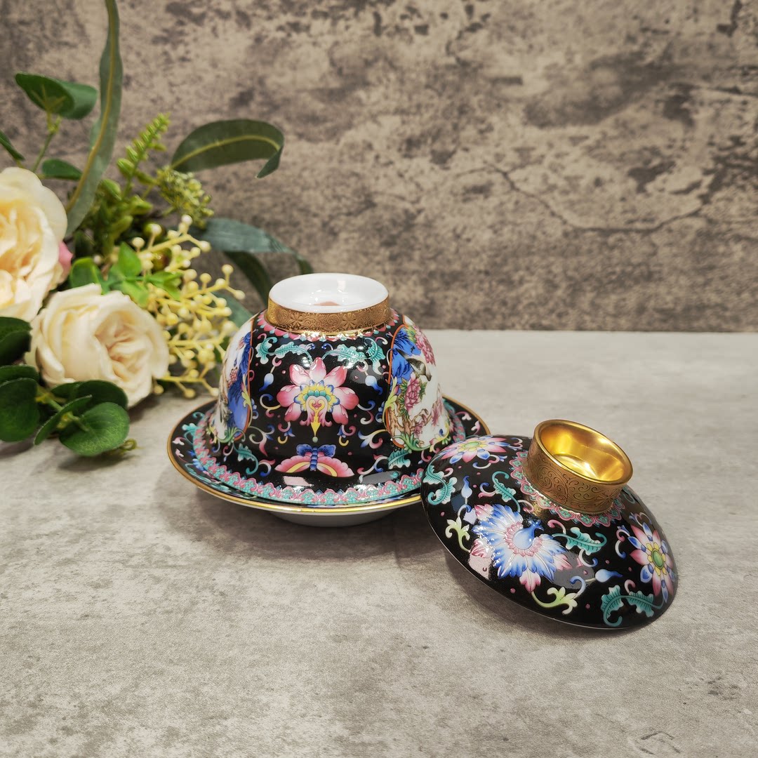 p 5e26 n幸山窑 珐琅彩黑色盖杯家用盖碗功夫茶盖碗品茗