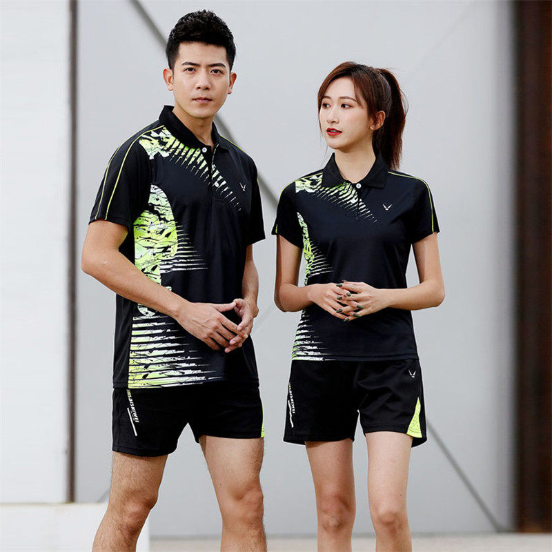 羽毛球服运动套装翻领男女修身速干黑白色网球服乒乓球衣短袖T恤
