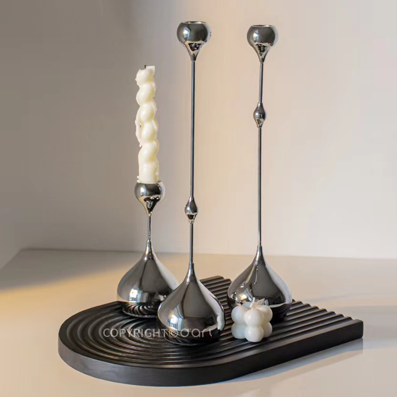 法式银色水滴烛台摆件家用氛围感软装摆设样板间客厅茶几轻奢套装