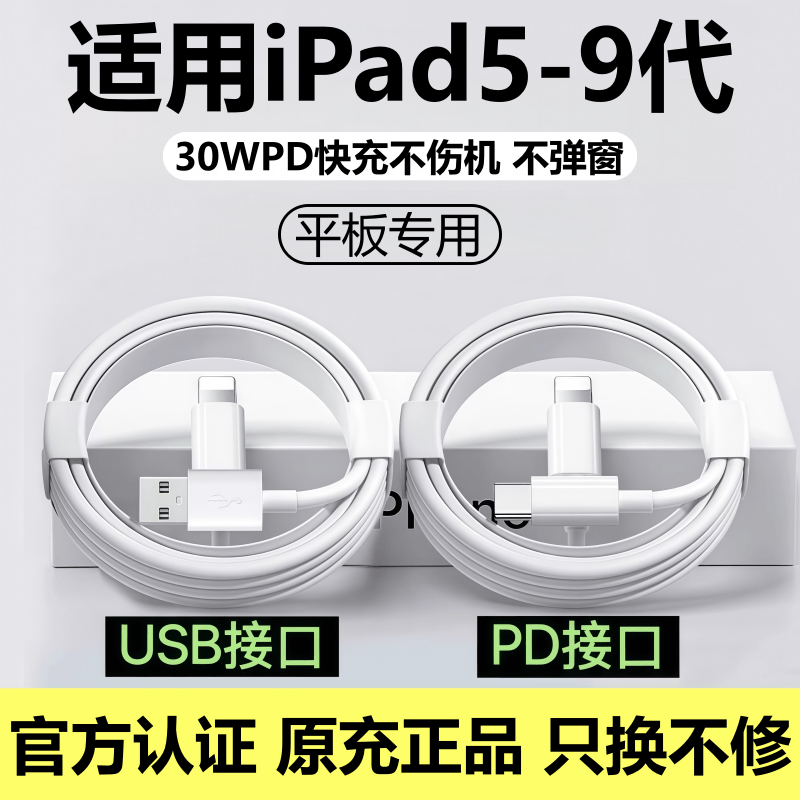 适用苹果iPad平板9代充电线8/7/6代数据线30W快充原线装5代充电线