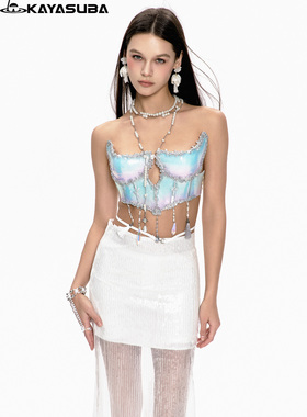 KAYASUBA手工款语翼蓝人鱼后背镂空露背纯欲性感辣妹胸衣小众吊带
